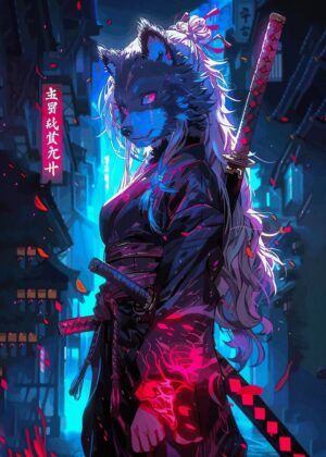 Cyberpunk Wolf Samurai Girl Art Print - Premium Wooden Framed Poster. Ready to Hang.