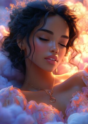 Dreamy Woman Portrait: A Serene Vision in Soft Light - Premium Wooden Framed Poster. Ready to Hang.