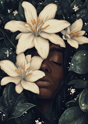 Serene Embrace: A Woman Surrounded by Lilies - Premium Wooden Framed Poster. Ready to Hang.