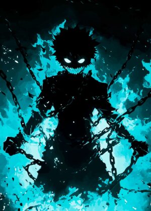 Anime Character engulfed in Fiery Chaos: Vector Art - Premium Wooden Framed Poster. Ready to Hang.