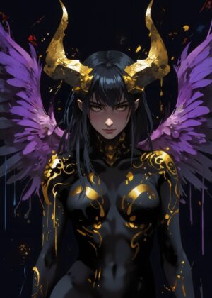 Golden Horned Angel: Dark Fantasy Art Print - Premium Wooden Framed Poster. Ready to Hang.