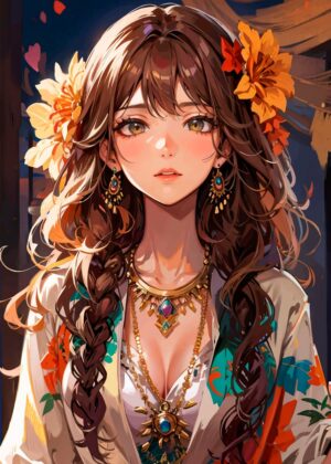 Anime Girl with Flowers in Autumn - Premium Wooden Framed Poster. Ready to Hang.
