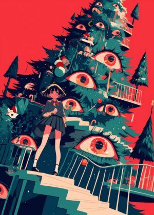 Girl and the All-Seeing Christmas Tree - Premium Wooden Framed Poster. Ready to Hang.
