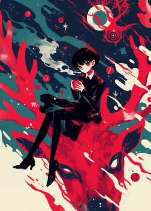 Mysterious Girl Atop Crimson Stag - Premium Wooden Framed Poster. Ready to Hang.