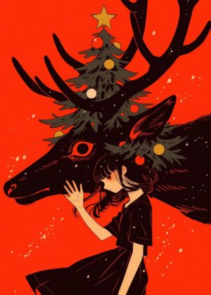 Christmas Deer and Girl: A Festive Artwork - Premium Wooden Framed Poster. Ready to Hang.
