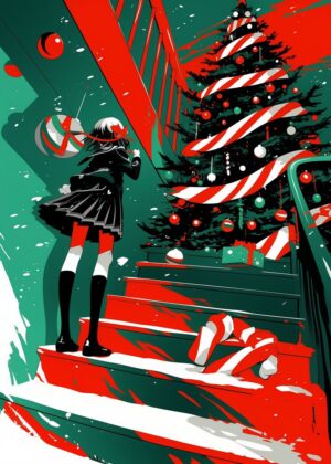 Anime Girl Christmas Artwork: A Festive Holiday Scene - Premium Wooden Framed Poster. Ready to Hang.