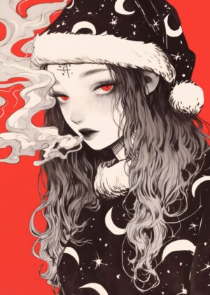 Smoking Anime Girl Art Print: Red and Black Aesthetic - Premium Wooden Framed Poster. Ready to Hang.