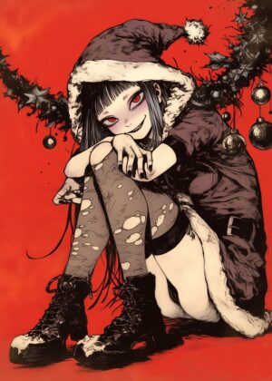 Dark Christmas Anime Girl Art Print - Premium Wooden Framed Poster. Ready to Hang.
