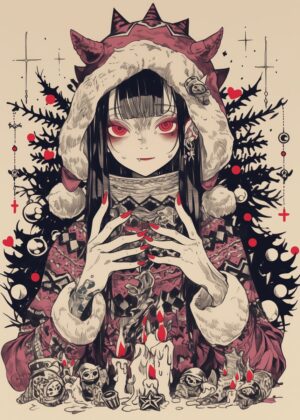 Gothic Christmas Girl Art Print - Premium Wooden Framed Poster. Ready to Hang.