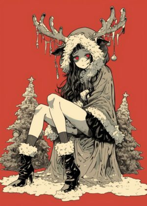Christmas Reindeer Girl: Dark Fantasy Art Print - Premium Wooden Framed Poster. Ready to Hang.