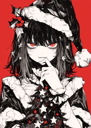 Dark Christmas Anime Girl Art Print - Premium Wooden Framed Poster. Ready to Hang.