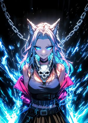 Neon Anime Girl with Skull Necklace - Premium Wooden Framed Poster. Ready to Hang.
