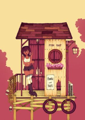 Girl at the Fishing Shack - Premium Wooden Framed Poster. Ready to Hang.