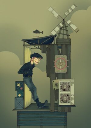 Windmill Man: Whimsical Coastal Illustration - Premium Wooden Framed Poster. Ready to Hang.