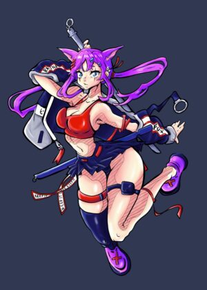 Anime Girl with Katana: Dynamic Digital Art Print - Premium Wooden Framed Poster. Ready to Hang.