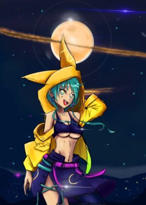 Anime Girl Under the Night Sky - Premium Wooden Framed Poster. Ready to Hang.