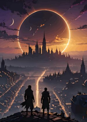 Berserk-Inspired Fantasy Cityscape at Sunset - Premium Wooden Framed Poster. Ready to Hang.