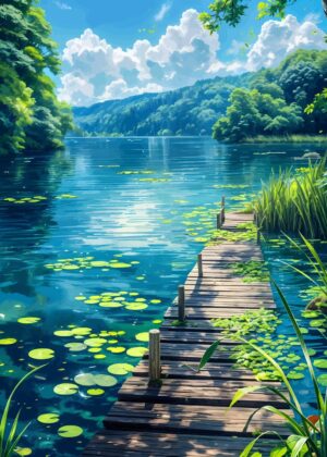 Serene Lake with Wooden Dock: A Peaceful Escape - Premium Wooden Framed Poster. Ready to Hang.