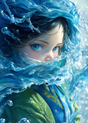 Anime Girl Emerging from Water Splash - Premium Wooden Framed Poster. Ready to Hang.