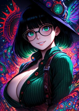 Anime Girl with Green Eyes: Vibrant Digital Art Print - Premium Wooden Framed Poster. Ready to Hang.