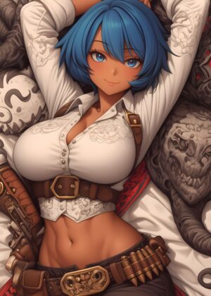 Anime Girl with Blue Hair: A Stunning Digital Artwork - Premium Wooden Framed Poster. Ready to Hang.