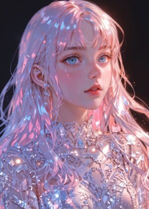 Dreamy Anime Girl with Pink Hair - Premium Wooden Framed Poster. Ready to Hang.