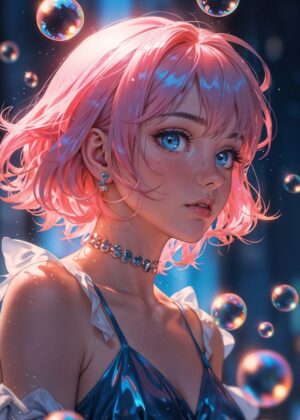 Anime Girl with Pink Hair: Dreamy Digital Art Print - Premium Wooden Framed Poster. Ready to Hang.