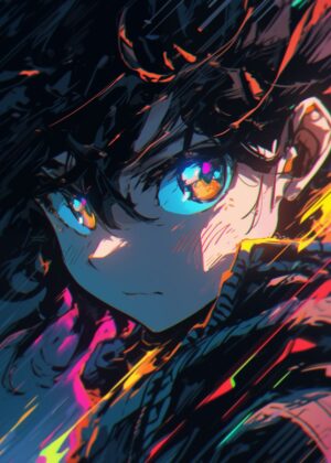 Cyberpunk Anime Girl with Vivid Blue Eyes - Premium Wooden Framed Poster. Ready to Hang.
