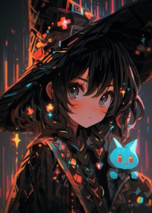 Anime Witch and Her Magical Cat Companion - Premium Wooden Framed Poster. Ready to Hang.