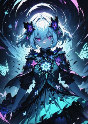 Anime Girl with Butterflies: Dark Fantasy Art Print - Premium Wooden Framed Poster. Ready to Hang.