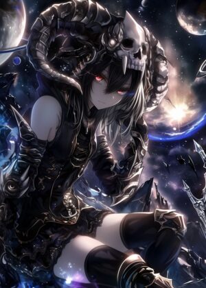 Dark Anime Girl in Space: Celestial Warrior - Premium Wooden Framed Poster. Ready to Hang.