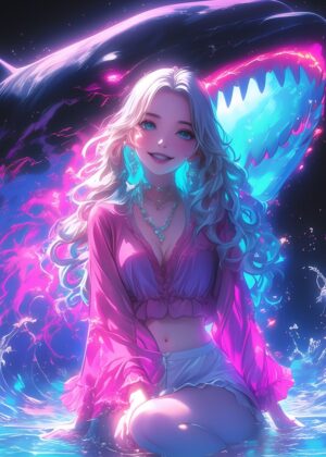 Anime Girl in Neon Ocean with Shark - Premium Wooden Framed Poster. Ready to Hang.