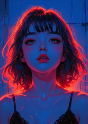 Anime Girl Neon Lights: Digital Art Print - Premium Wooden Framed Poster. Ready to Hang.