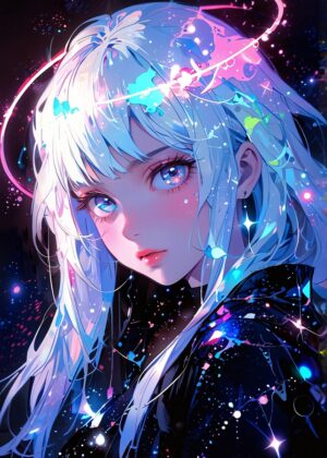 Cosmic Anime Girl with Ethereal Blue Hair - Premium Wooden Framed Poster. Ready to Hang.