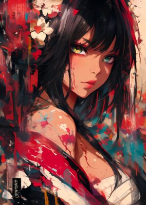 Fiery Anime Girl: Red and Black Abstract Art - Premium Wooden Framed Poster. Ready to Hang.