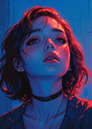Red and Blue Lit Woman: Digital Art Print - Premium Wooden Framed Poster. Ready to Hang.
