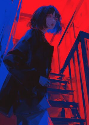 Anime Girl in Red and Blue: Cyberpunk Style Art Print - Premium Wooden Framed Poster. Ready to Hang.