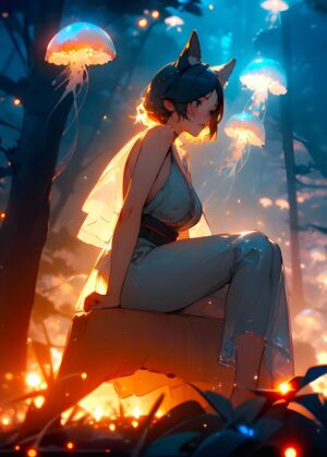 Anime Girl in Whispering Forest: Enchanting Fantasy Art Print - Premium Wooden Framed Poster. Ready to Hang.