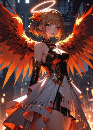 Fiery Angel Wings Artwork - Premium Wooden Framed Poster. Ready to Hang.