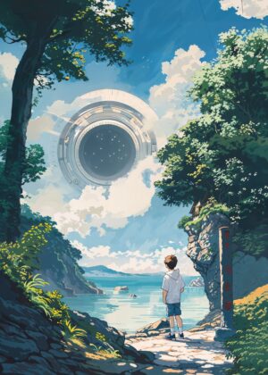 The Wanderer's Gateway: A Journey to the Unknown - Premium Wooden Framed Poster. Ready to Hang.