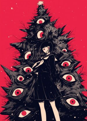 Eyes of the Christmas Tree: Dark Fantasy Art Print - Premium Wooden Framed Poster. Ready to Hang.