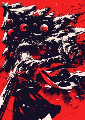 Anime Girl and Christmas Tree: A Festive Fusion - Premium Wooden Framed Poster. Ready to Hang.