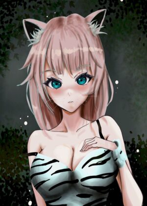 Anime Girl with Cat Ears: Mystical Forest Beauty - Premium Wooden Framed Poster. Ready to Hang.