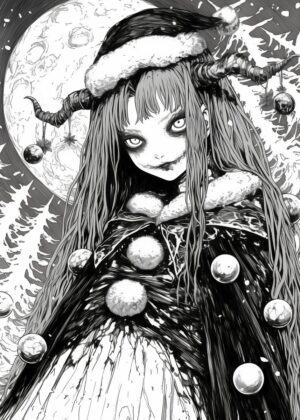 Creepy Christmas Girl: Dark Fantasy Art Print - Premium Wooden Framed Poster. Ready to Hang.