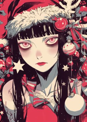 Anime Christmas Girl: Festive Holiday Artwork - Premium Wooden Framed Poster. Ready to Hang.
