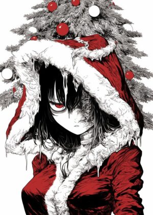 Dark Christmas Anime Girl Art Print - Premium Wooden Framed Poster. Ready to Hang.