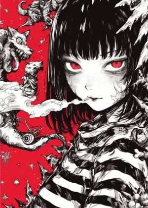 Anime Girl with Red Eyes: Dark Fantasy Art Print - Premium Wooden Framed Poster. Ready to Hang.