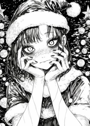 Creepy Christmas Girl: A Dark Holiday Illustration - Premium Wooden Framed Poster. Ready to Hang.