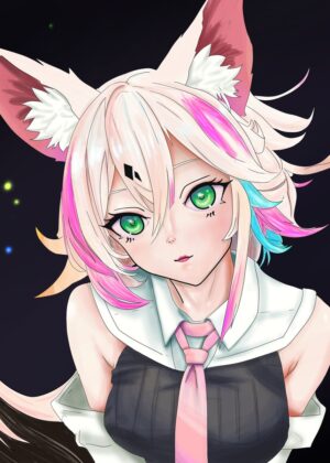Adorable Anime Girl with Cat Ears: Digital Art Print - Premium Wooden Framed Poster. Ready to Hang.