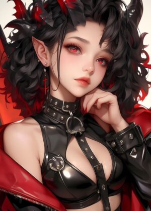 Red-Eyed Demon Girl Anime Gaming Art Print - Premium Wooden Framed Poster. Ready to Hang.
